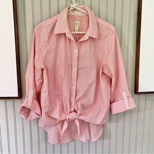 Chicos Structured Striped Button Down Tie Front Top White Multi